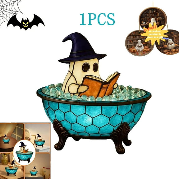 Ghost Bubble Bath Lamp, Halloween Ghost Night Light,Handmade Cute Halloween Ghost Night Light with Light Base, Indoor Lighted Halloween Decoration for Shelf, Fireplace Halloween Party