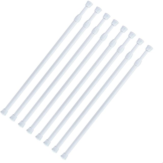 8 paquetes de varillas de tensión pequeñas de 15 a 26 pulgadas, barras ajustables con resorte para refrigerador, ventana de cocina, utensilios de armario, armario y gabinete, color blanco