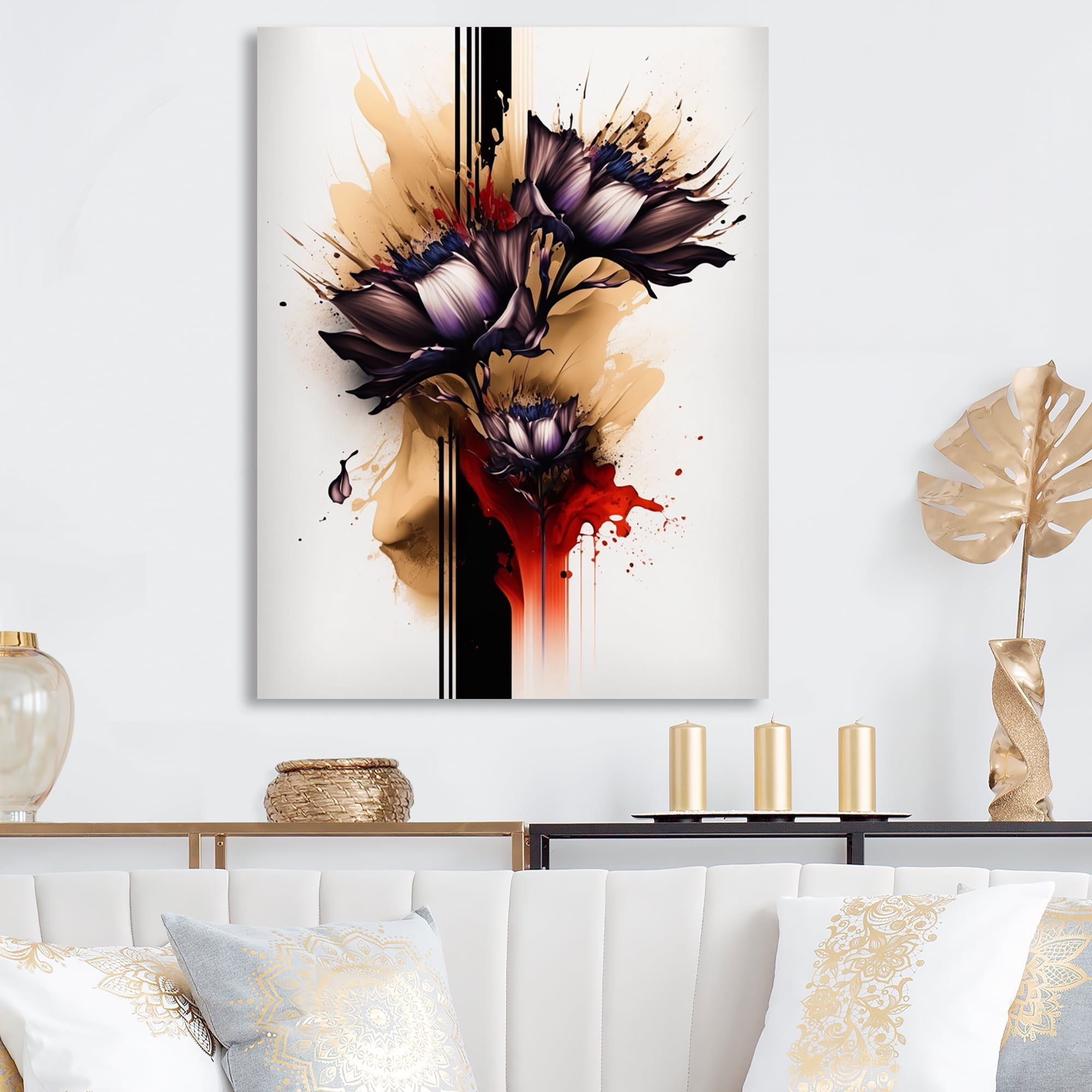 Designart Red Dahlia Flower On Abstract Paint Canvas Wall Art