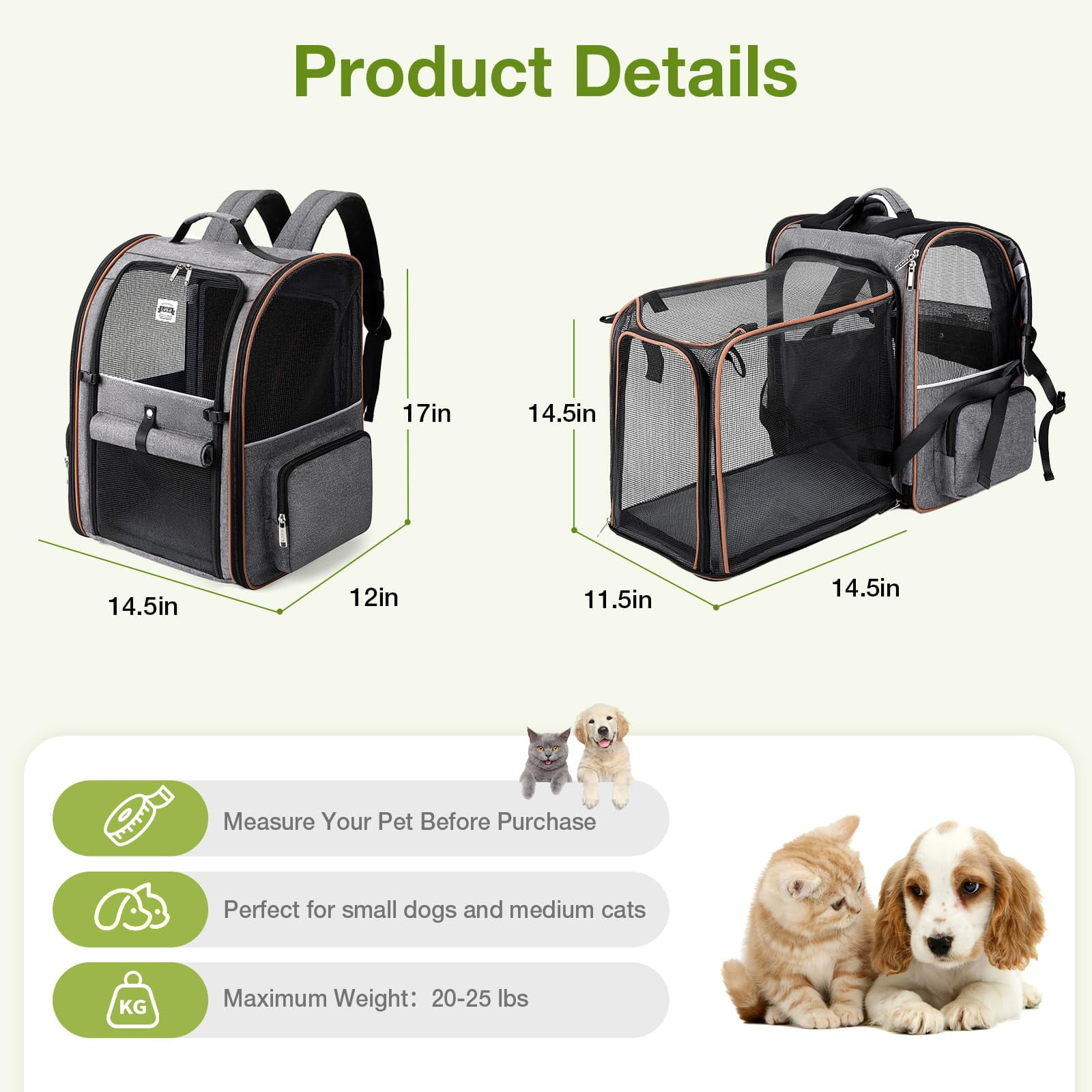 LEKE - Large Cat Backpack Carrier Expandable Pet Carrier Backpack for Small Dogs Medium Cats Fit Up to 18 Lbs, Dog Backpack Carrier, Foldable Puppy Backpack Carrier for Travel, Hiking,Grey