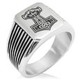 thumbnail image 1 of Stainless Steel Mjolnir Thor's Hammer Viking Norse Needle Stripe Pattern Biker Style Polished Ring, 1 of 1