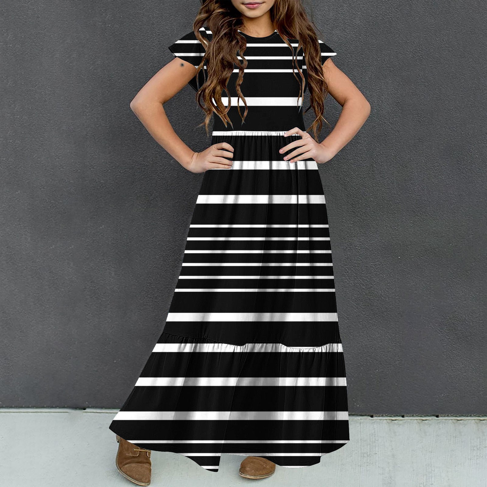2025 Girls Dresses with Pockets 6-12 Years Kids Ruffle Short Sleeve Trendy Stripe Printed Crewneck Going Out Long Maxi Dress