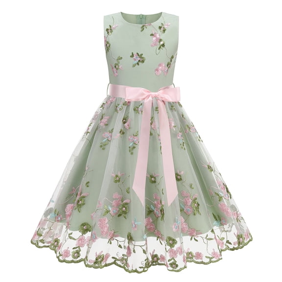IBTOM CASTLE Flower Girl Dress Lace Embroidery Birthday Party Wedding Dresses Kids Formal Bridesmaid Tulle Dresses Princess Pageant Floral Gown 7-8 Years Green