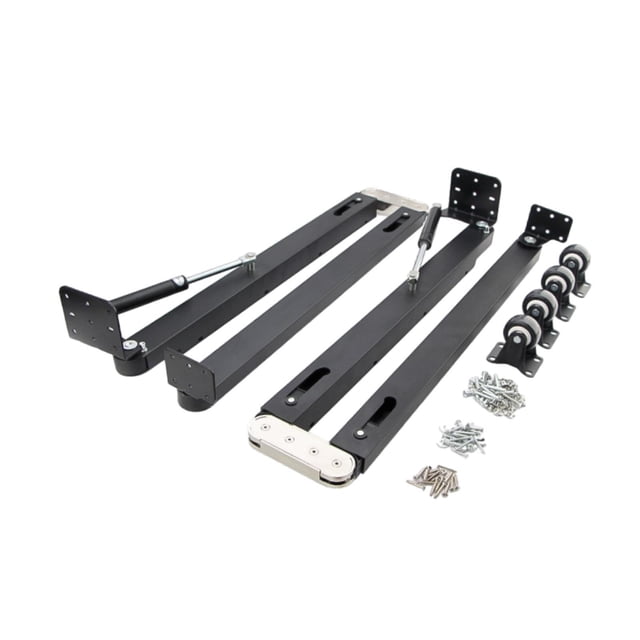 herrajes para mesas plegables Downturn, accesorios de hardware negro con dos brazos articulados de aleación de aluminio y zinc y varilla amortiguadora hidráulica, placas de anclaje perforadas, cuatro ruedas direccionales y tornillería incluida; medidas 25.39 x 5.51 in (ext. 47.24 in); ahorra espacio y también suele usarse para soportar tableros plegables de trabajo.