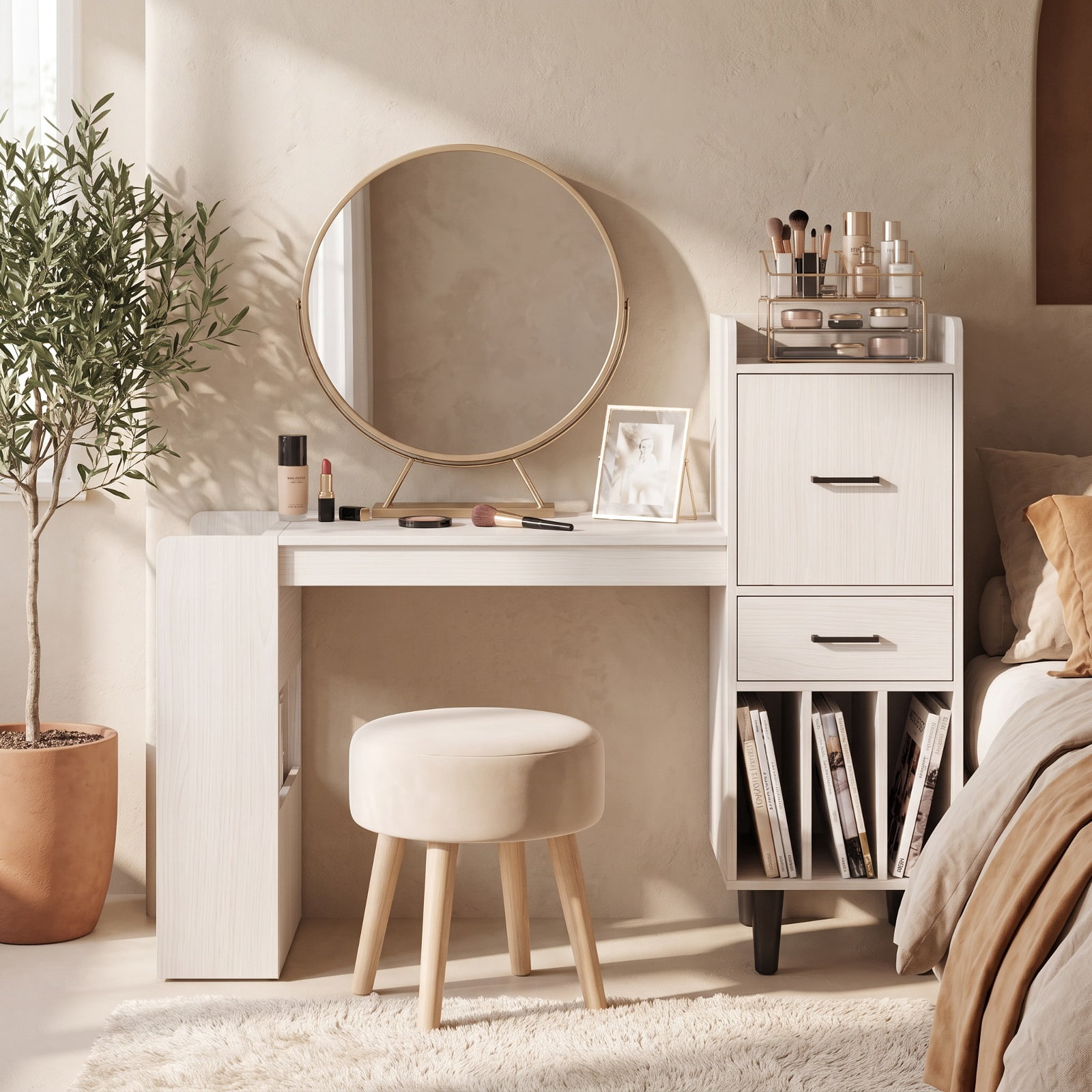 Furnibear 59 Inch Home Office Desk with Side Storage Shelves Drawer and Cabinets for Bedroom Study and Home Work, White Oak