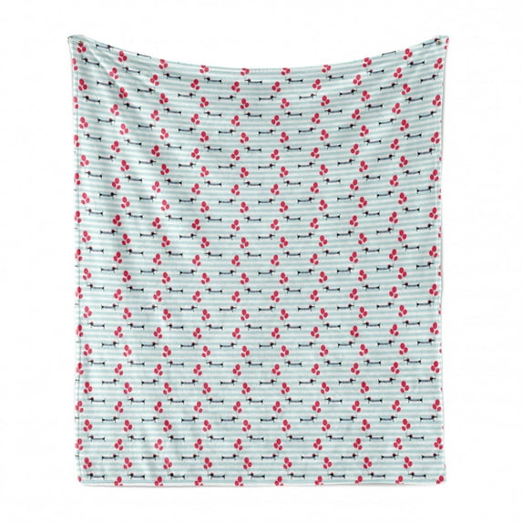 Dachshund Soft Flannel Fleece Throw Blanket, Beret and Shirt Wearing Dog Holding Balloons on Stripes Background, Cozy Plush for Indoor and Outdoor Use, 70" x 90", Vermilion Pale Blue, by Ambesonne
