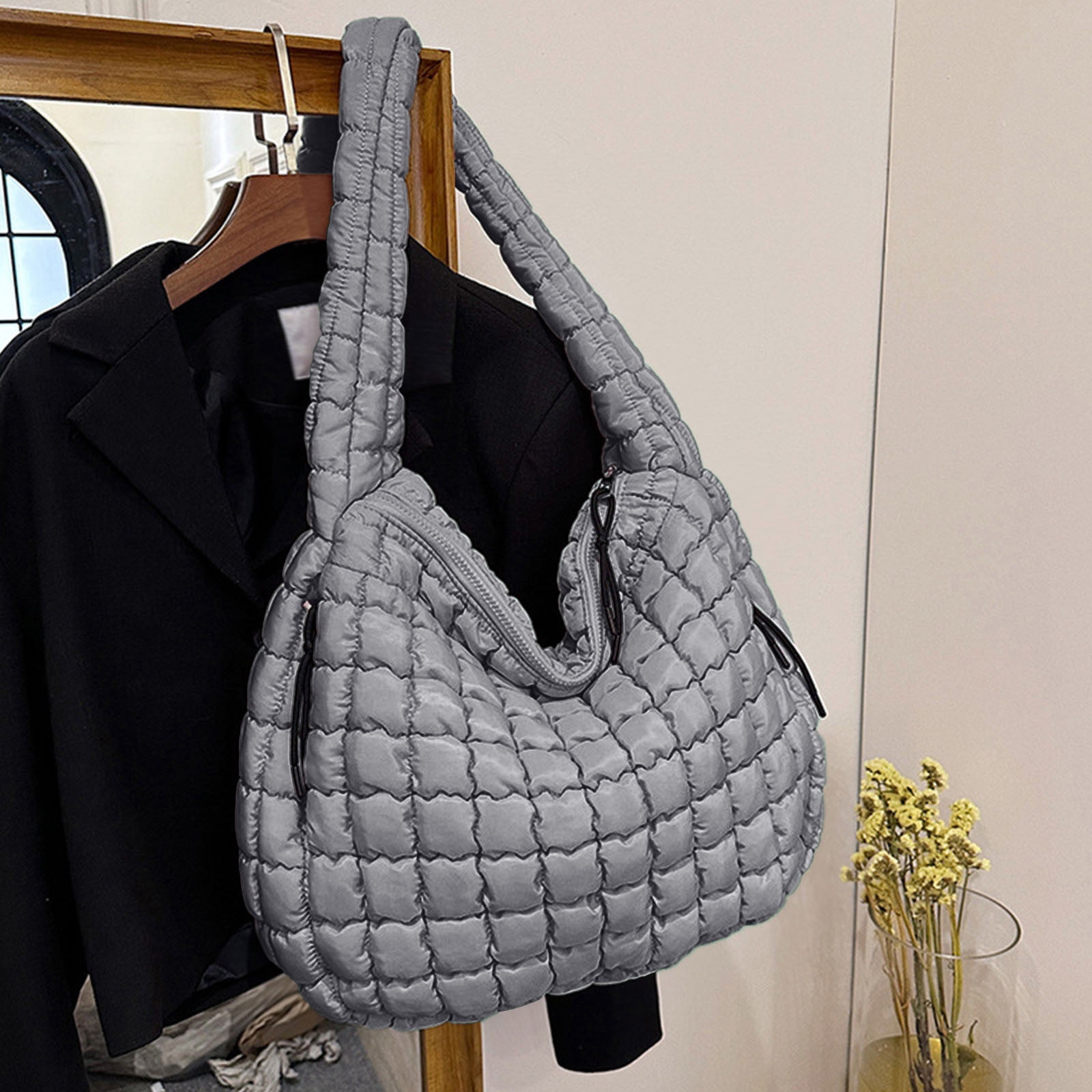 Hvyesh Puffer Tote Bag for Women Quilted Tote Bag Large Crossbody Bag Puffy Bag Lightweight Carryall Bag for Women
