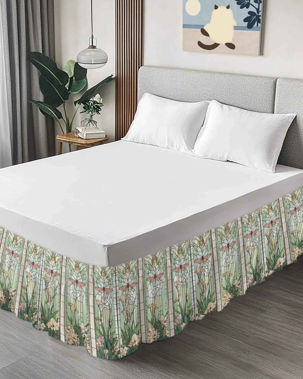 Green Vintage Stained Glass Bed Skirt Flowers Butterfly Bed Skirts Queen Size 16 Inch Drop, Wrap Around Dust Ruffle&nbsp;Bedskirt with Adjustable Elastic Belt for Queen Size Beds