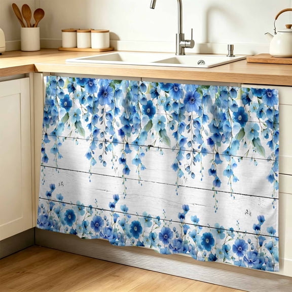 Spring Blue Floral Cabinet Curtains for Shelves, Farmhouse Weeping Floral Leaves Wood Privacy Curtain for Closet Self Adhesive, Dust-Proof Drapes for Closet Storage Room Classroom 32"W x 55"L