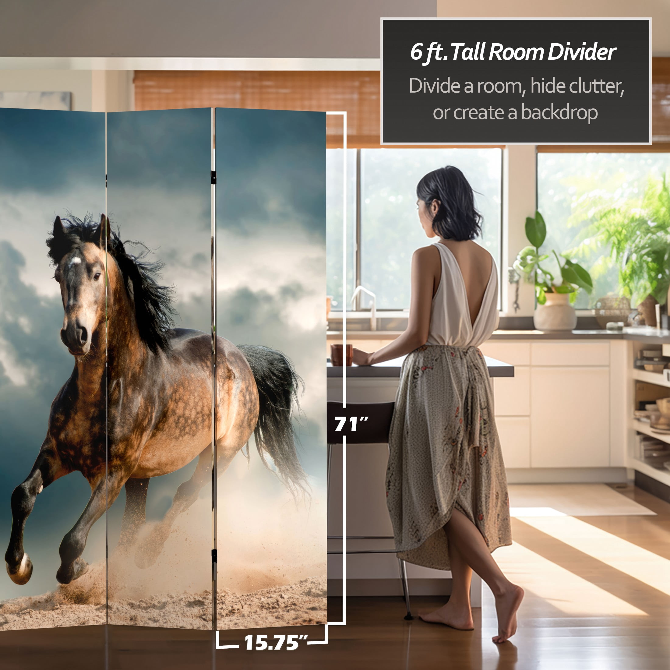Oriental Furniture 6 ft. Tall Galloping Horses Canvas Room Divider - 3 Panel