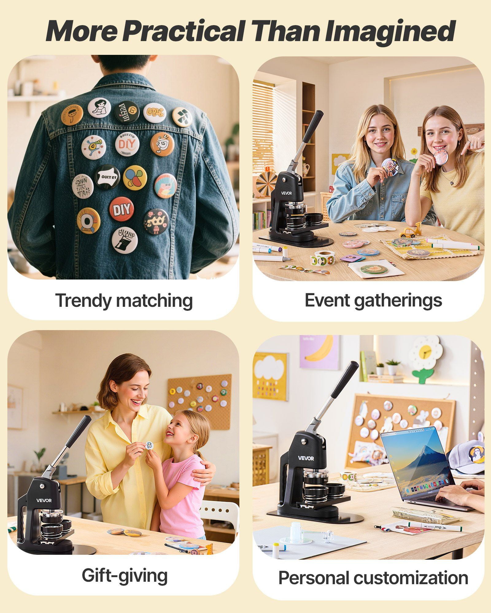 Button Maker Machine, 1.26/2.28/2.95 inch 3-in-1, Plastic Pin Maker with 300pcs Button Parts, Circle Cutter and Magic Book, Reinforced Ergonomic Handle, for DIY Badges, Personalized Pins, Black