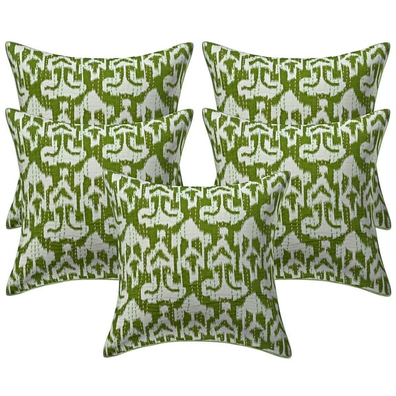Stylo Culture Ethnic Settee Sofa Throw Pillow Covers 16x16 Kantha Parrot Green Printed 40cm x 40cm Home Decor Cotton Ikat Square Cushion Covers | Set Of 5