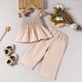 thumbnail image 6 of TOWED22 Toddler Baby Girl Outfits Sleeveless Smocked Strap Camisole Linen Pants Bow Baby Summer Clothes(Khaki,12-18 M), 6 of 9