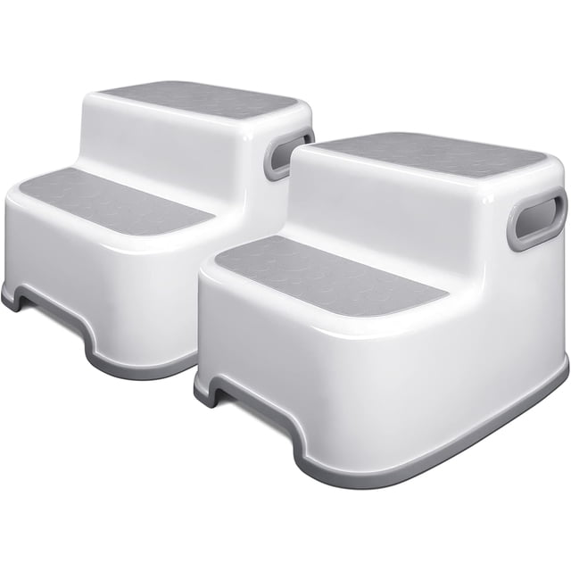 Dual Height Step Stool for Kids, Reinforced Plastic Non Slip Stool with Strong Soft-Grip Steps, Portable Potty Training Aid for Bathroom Sink Kitchen Use (2 Pack Off-white)