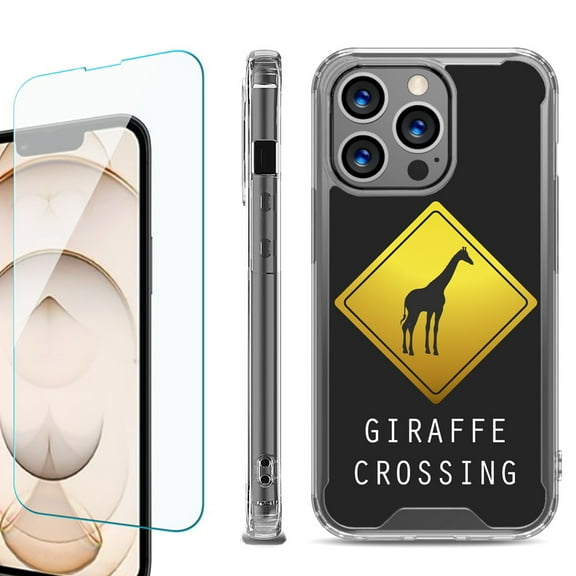 Shockproof Bumper Phone Case for iPhone 13 Pro Max, with Tempered Glass Screen Protector, by OneToughShield ® - Road Sign Giraffe