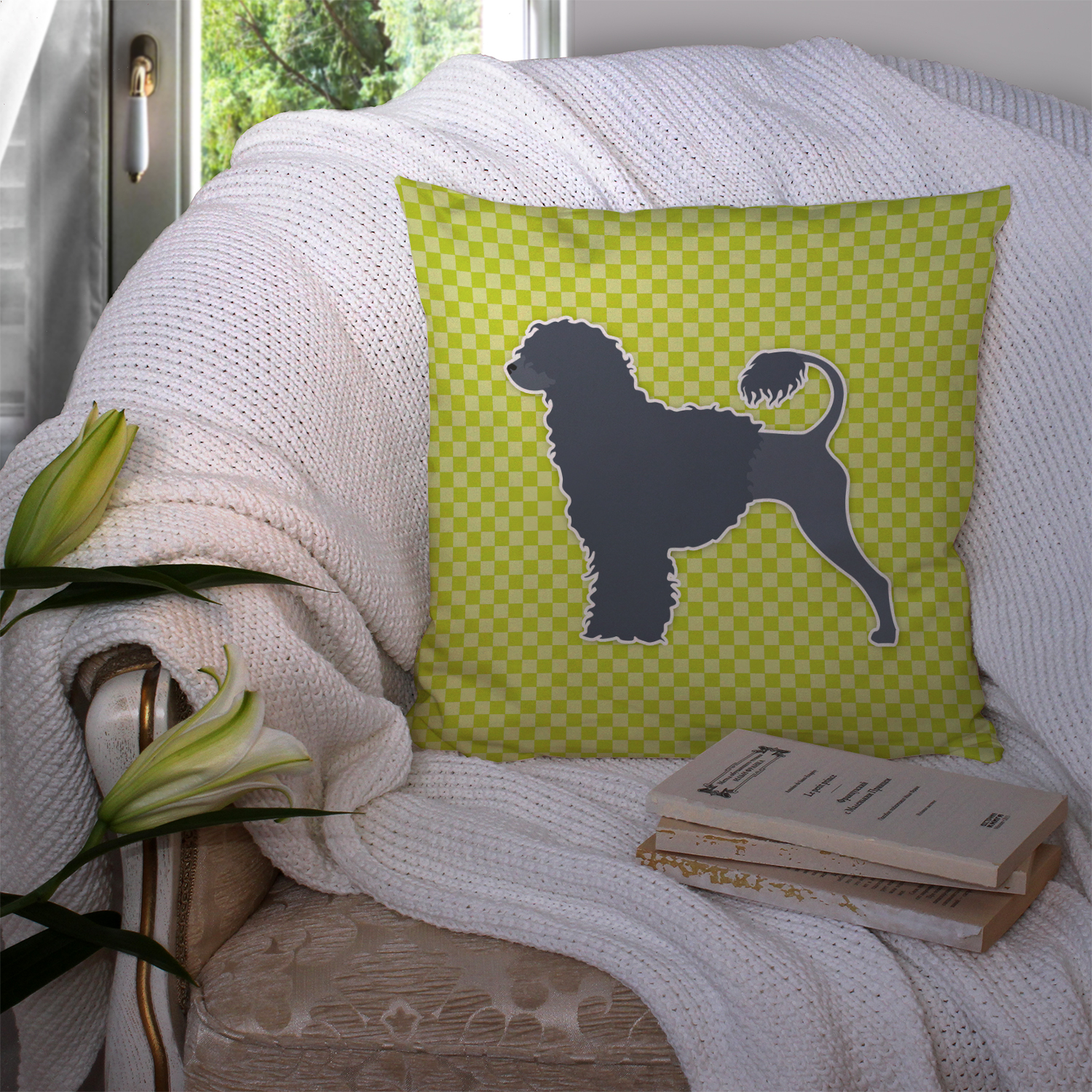 Carolines Treasures BB3868PW1414 Portuguese Water Dog Checkerboard Green Fabric Decorative Pillow