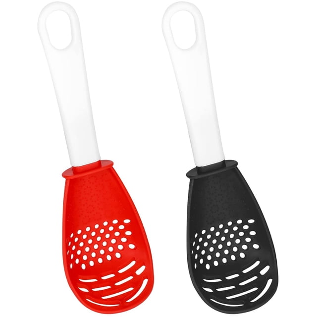 2pcs Multifunctional Cooking Spoons, Heat Resistant Plastic Non-Stick Can Be as Small Strainer Scoop Egg Separator Food Masher Garlic Ginger Grater Colander, Easy to Clean (Black, Red)