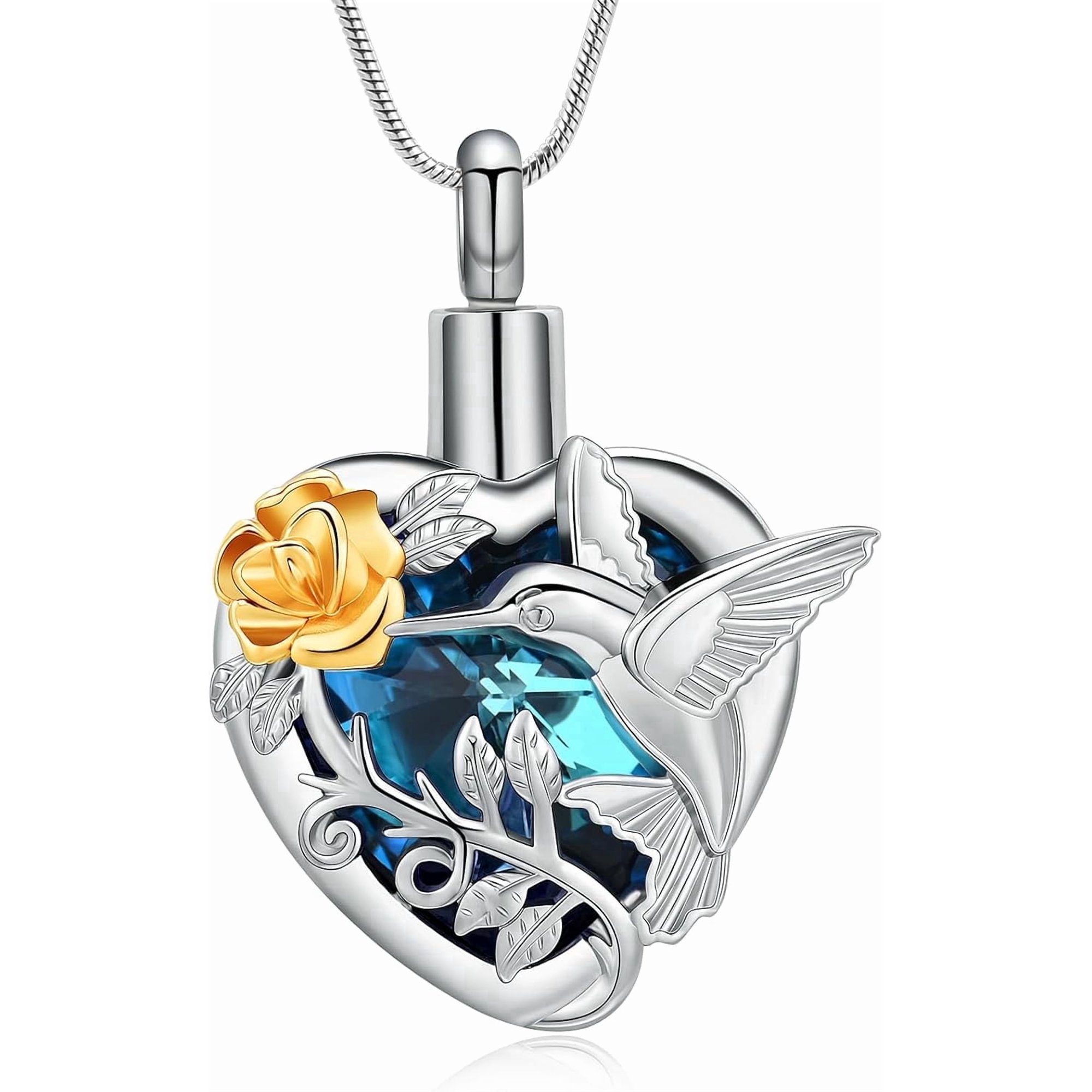 Simulated Birthstone Heart Hummingbird Cremation Jewelry Urn Necklace for Women Men Urn Pendant Keepsake Memorial Jewelry for Ashes Memorial Keepsake of Loved One With Funnel Kit & Bag
