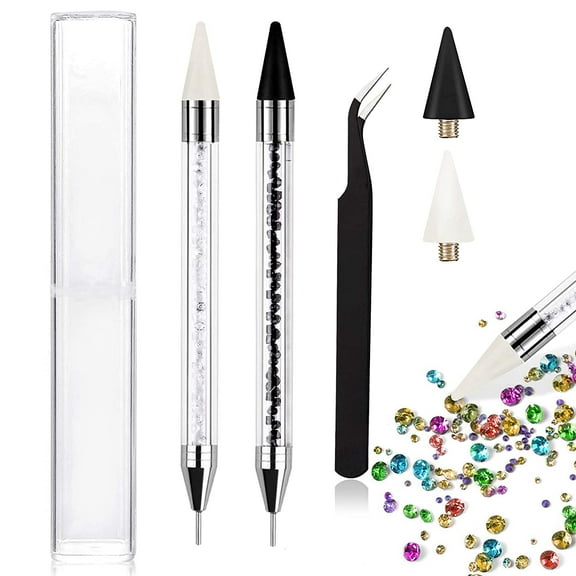 2 Pack Nail Rhinestone Picker Dotting Pen, Dual-end Diamond Crystals Picker Wax Pencil Rhinestones Pickup Tool with 2 PCS Extra Wax Heads and 1 PC Tweezer