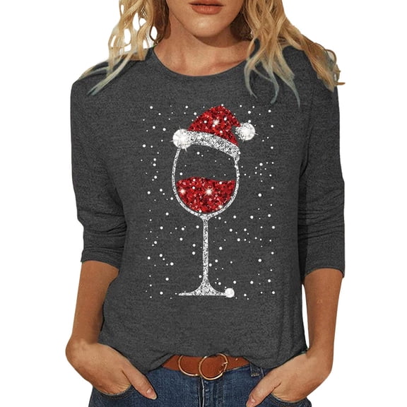 Funny Christmas T-Shirts For Women Casual Fashionable Red Wine Glass Print Round Neck 3/4 Sleeve Xmas Gift Clothes