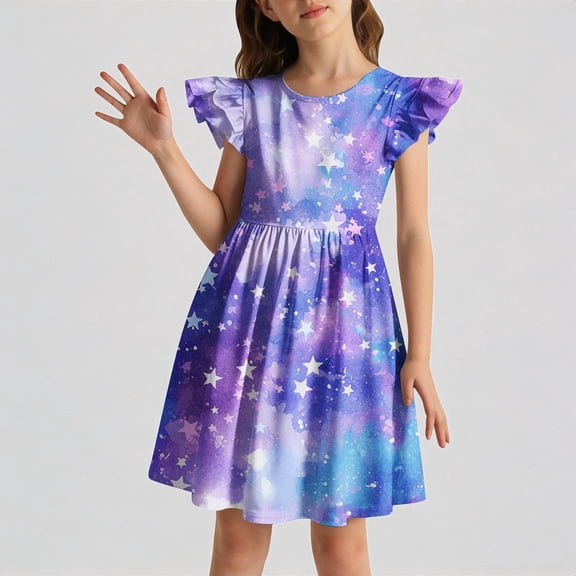 REDARER Girls Flutter Sleeve Galaxy Star Print Dress with Elastic Waist Casual Summer Playground School Outdoor Comfortable Breathable Outfit for Kids,5-6 Years