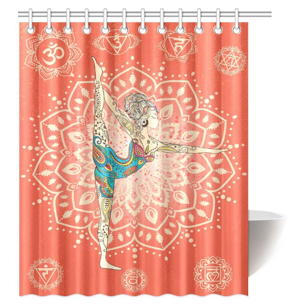 MYPOP Yoga Shower Curtain, Woman Doing Yoga Dancer Pose on Rocks at