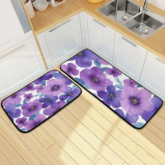 Purple Flower Hand Painted Watercolor Kitchen Mat Set of 2 Cushioned Non Slip Rugs for Bedroom Floor Runner Mats
