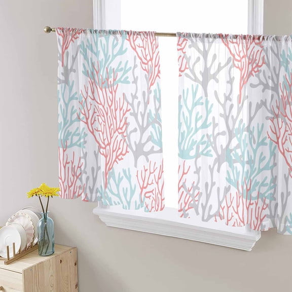 Red Blue Coral Coastal Semi Sheer Curtains 54 Inch Length 2 Panels Set, Summer Beach Seaside Nautical Sheer Kitchen Curtain Privacy Voile Window Curtain for Living Room Bedroom Rod Pocket Drapes