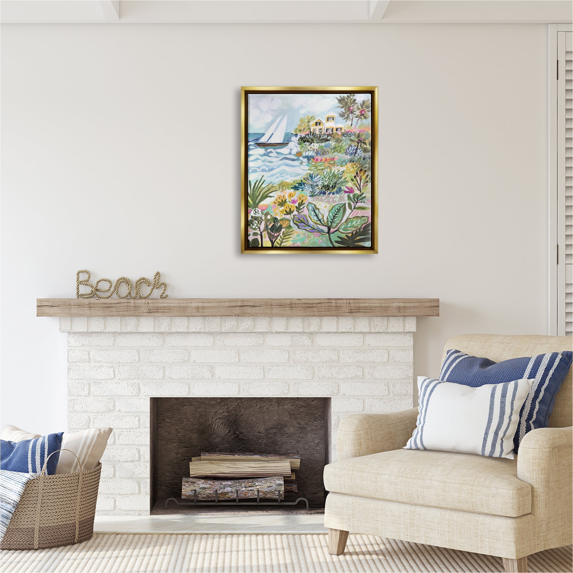 Stupell Industries Abstract Nautical Scene Landscape Painting Gold Floater Framed Canvas Art Print Wall Art, 25 x 31