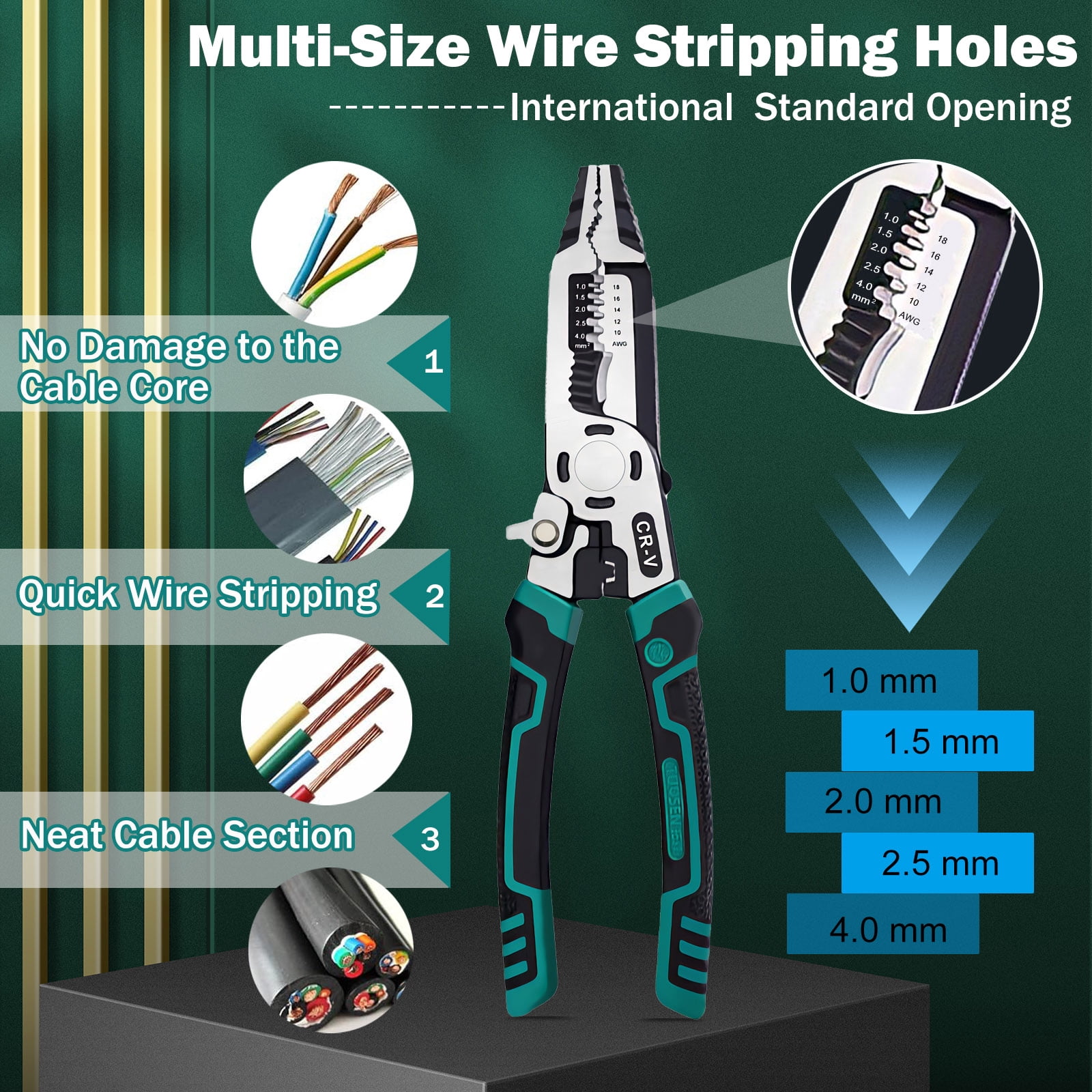Cteifuer 9 in 1 Multipurpose Wire Stripper, 9 Heavy Duty Super Tough Electrical Wire Pliers Crimper, Electrical Lineman Wire Stripper Tool with Wire Cutter, Wiring Tools