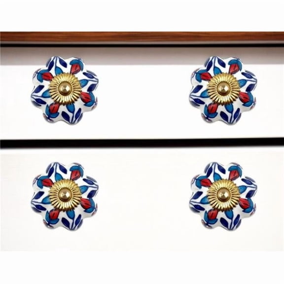 HomeRoots 635765 Red White & Blue Floral Ceramic Drawer Pull Knobs - Set of 6