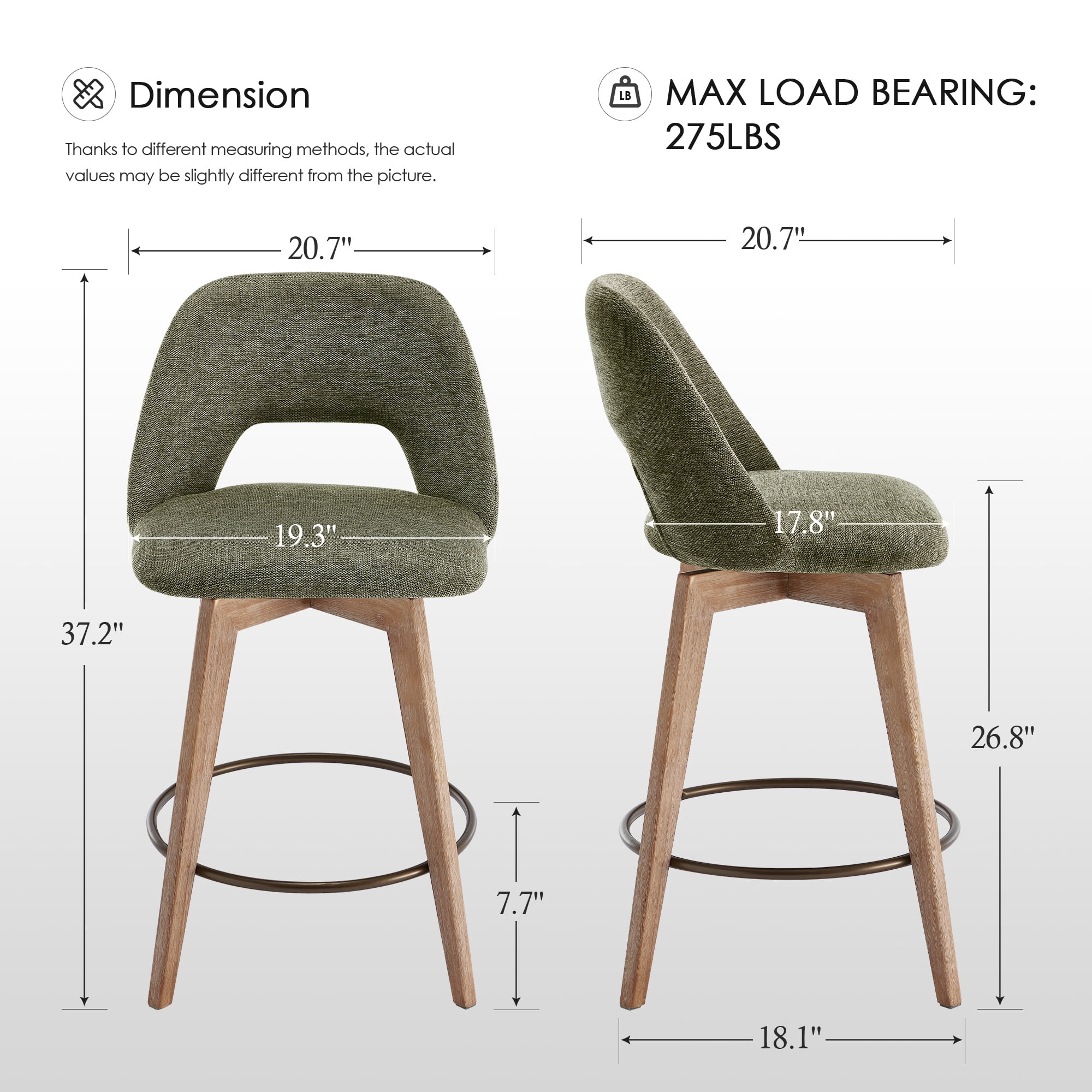 Zesthouse 26.8" Swivel Bar Stools Set of 2, Linen Upholstered Counter Height Stools with Open Back and Brushed Wooden Legs, Mid Century Barstools Kitchen Bar Chairs for 36"-39" Countertop, Green