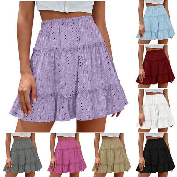 Women Eyelet Mini Skirts Elastic High Waisted Swing Short Skirt Summer Casual Ruffled Tiered Skirts