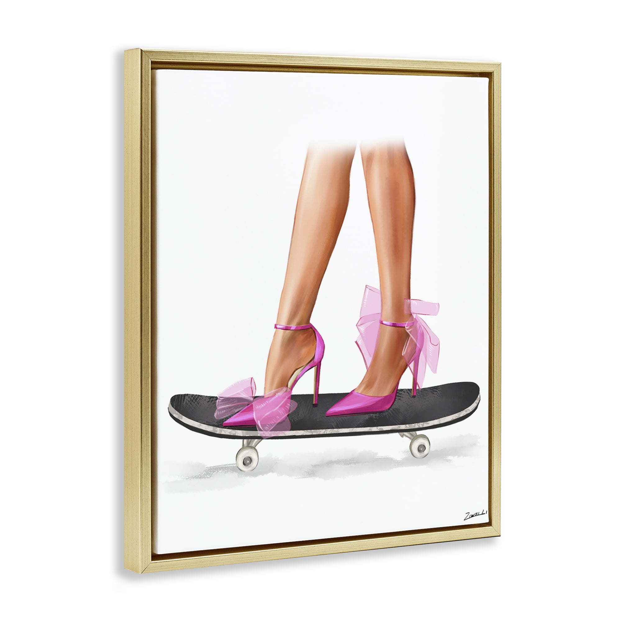 Stupell Industries Pink Heels on Skateboard Fashion Painting Gold Floater Framed Canvas Art Print Wall Art, 17 x 21
