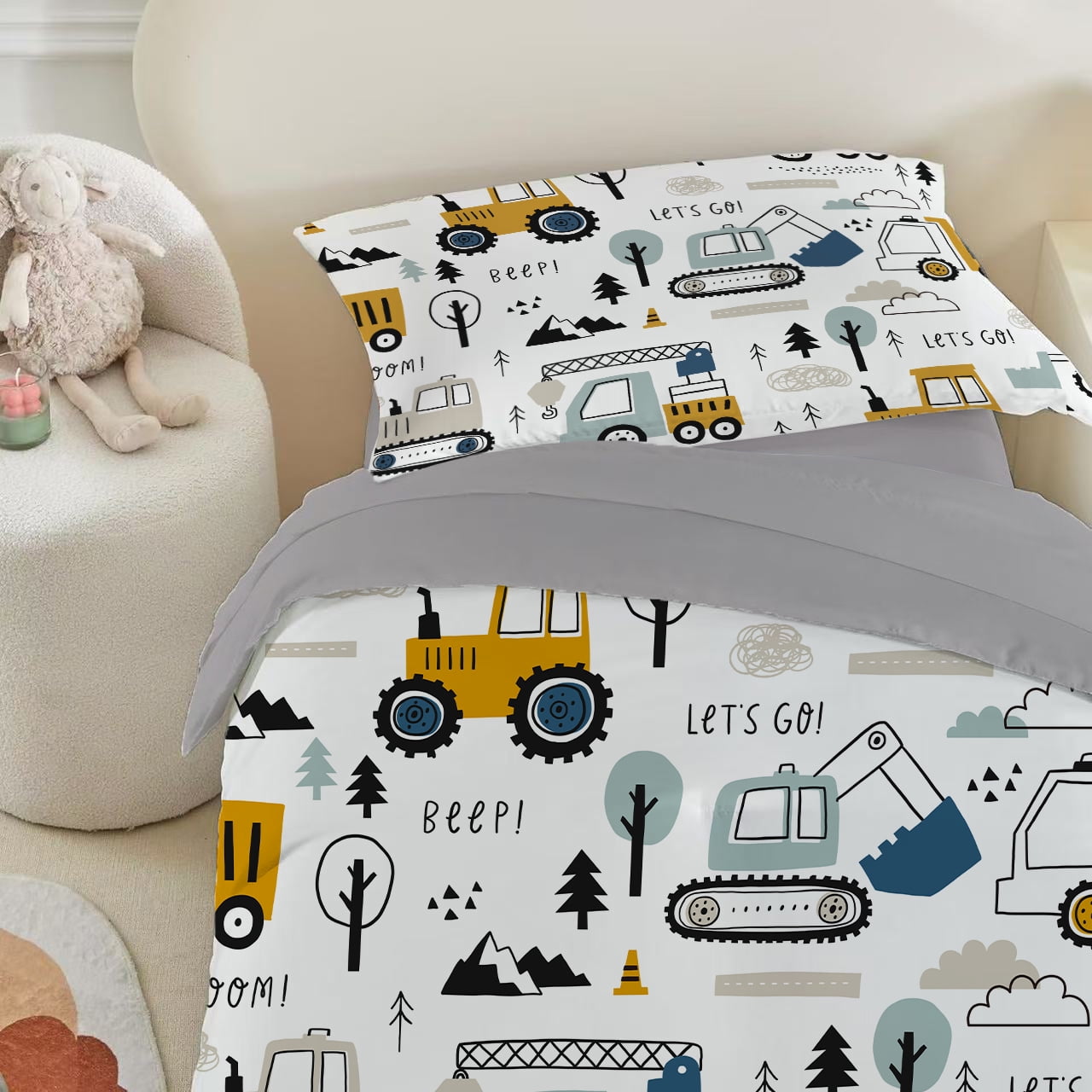 Toddler Bedding Sets for Baby Boys Girls Kids Construction Toddler Crib Comforter Set Flat Sheet Fitted Sheet and Pillowcase 4 Pieces White Truck Vehicles Excavator Cars