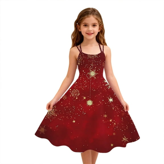 Abcomgle Christmas dresses for Girls Size 7-8 10-12 Snowflake Print Christmas Dresses for Girls Cute Spaghetti Straps A-Line Midi Dress for Girls Holiday Sleeveless Swing Dress Clothes for Girls