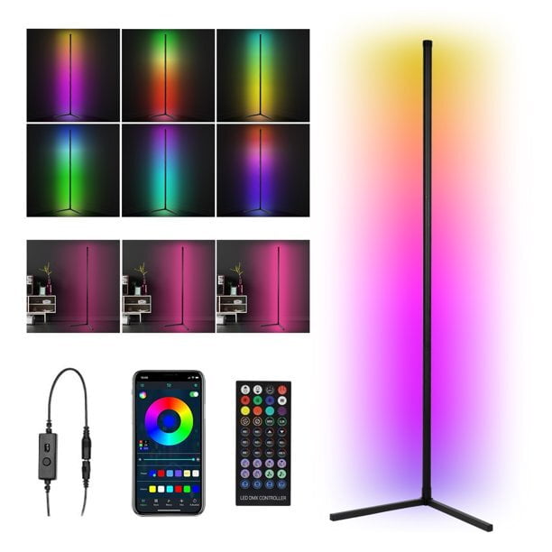 Voshy Corner Floor Lamp, 56" RGB Color Changing Mood Lighting, Dimmable LED  Modern Standing Lamp with Remote, App Control, Music Sync & Timing Function  for Living Room, Gaming Room, Bedroom 20W,Black -