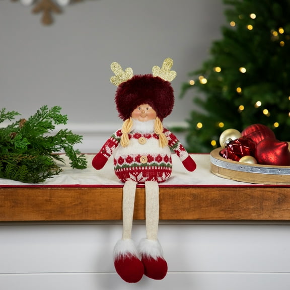 Northlight Sitting Plush Girl with Dangling Legs Christmas Figure - 16" - Cream and Red