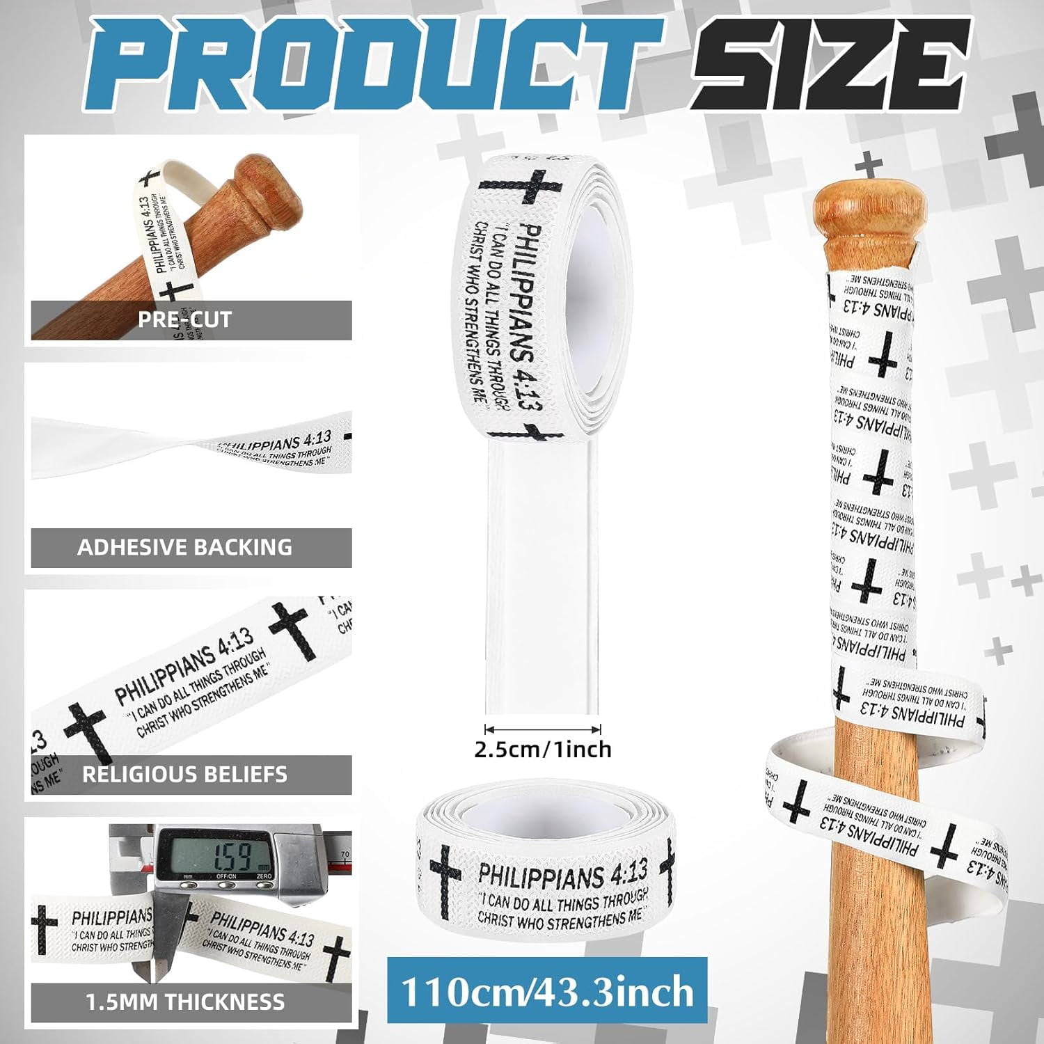 NestE-Christian Baseball Bat Grip Tapes 1.5mm Faith Cross Bat Grip Tape, Precut Full Adhesive Baseball Wrist Tape Scripture Design Non-Slip Religious Baseballs Grips Tapes