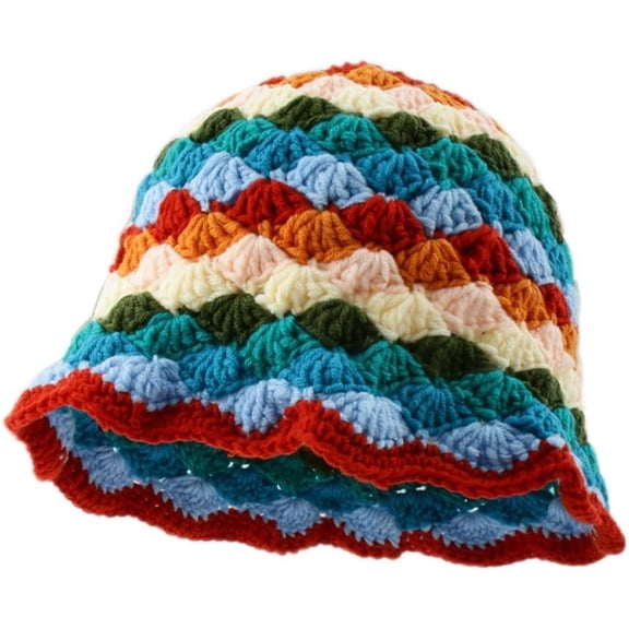 LinYooLi Women Winter Colorful Knit Handmade Crochet Bucket Hat Foldable Floppy Multicolored Beanie Cap