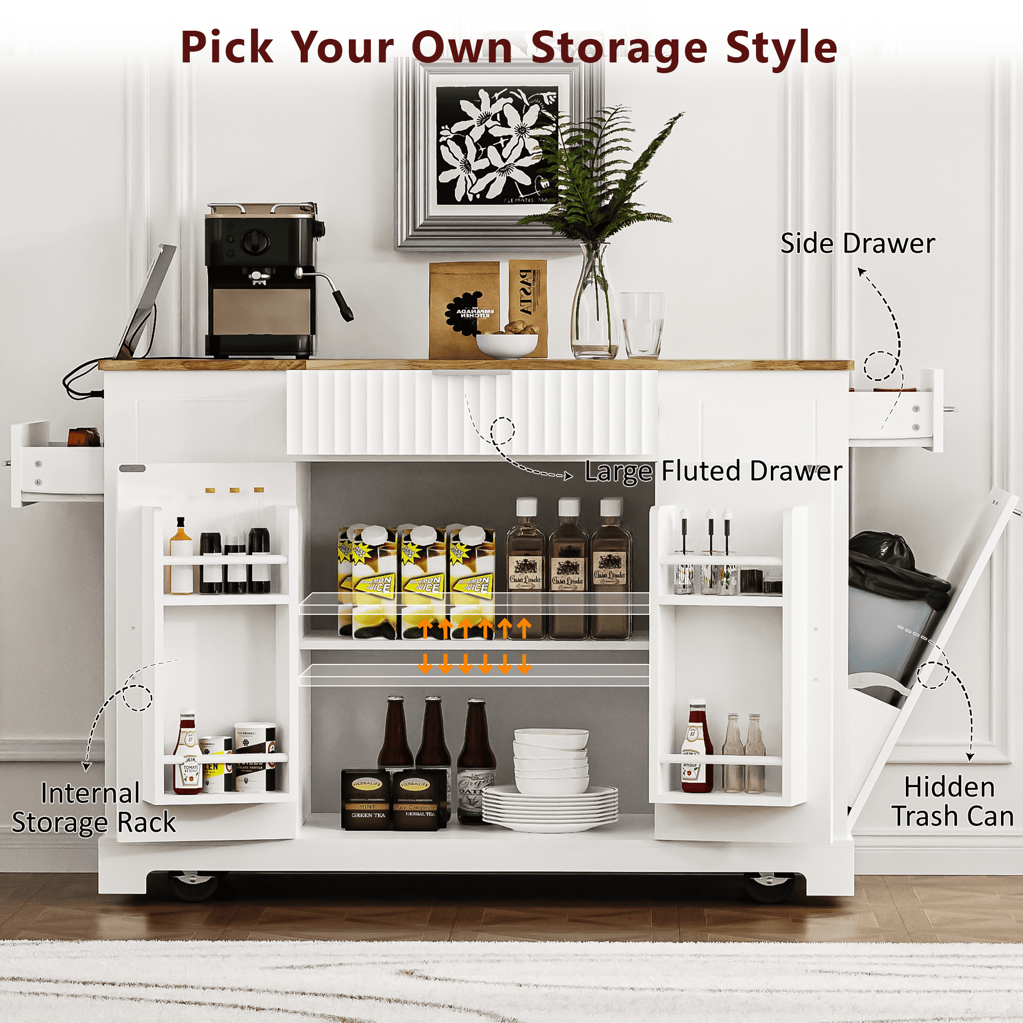 Yoneston Fluted Kitchen Island with Trash Can, Power Outlet, Wheeled Kitchen Trolley with Internal Storage Rack, 3 Drawer and 3 Open Side Racks for Kitchen, Dining Room, White
