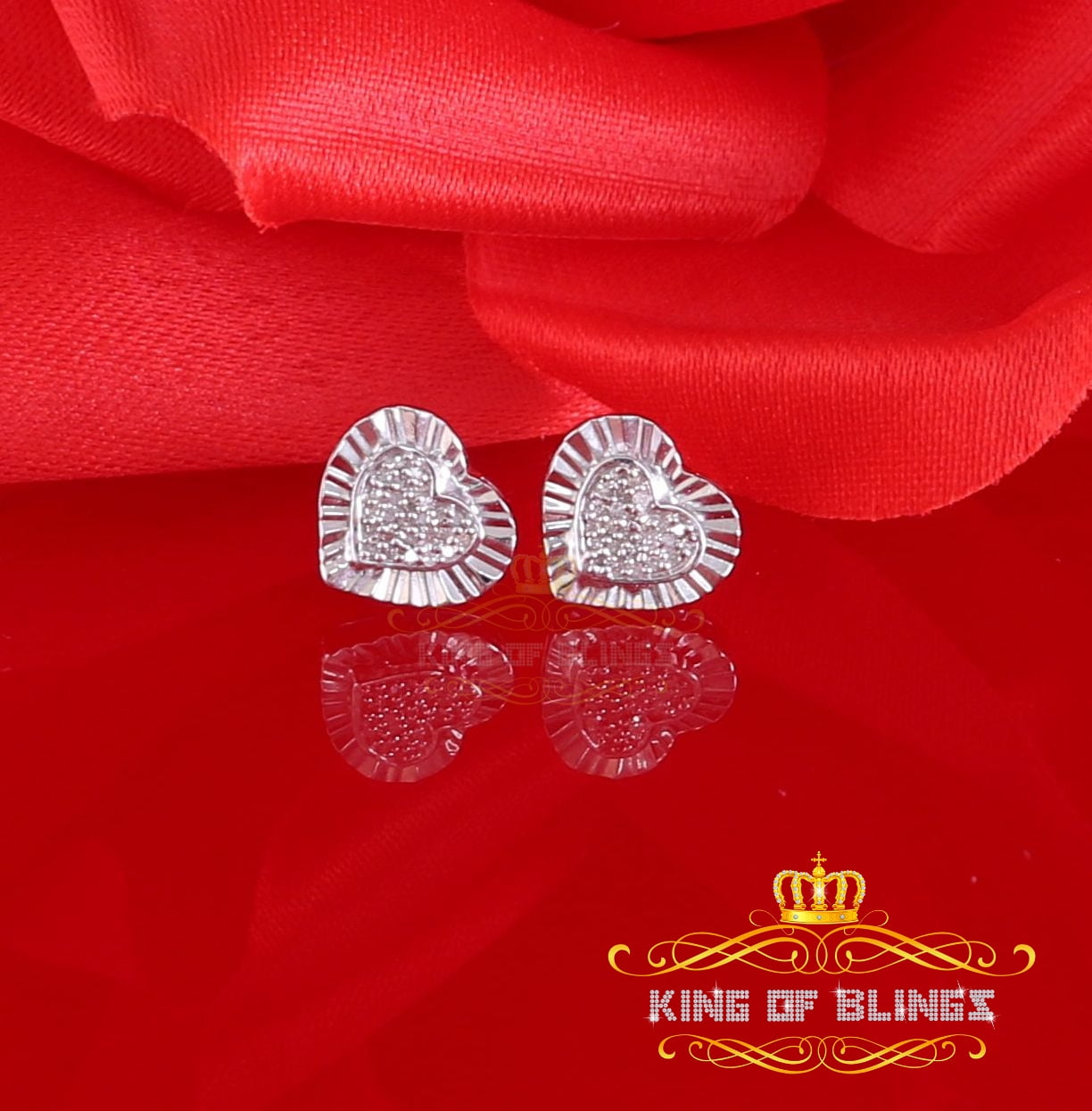 King of Bling's Aretes Para Hombre Heart 925 White Silver 0.15ct Diamond Women's Stud Earring