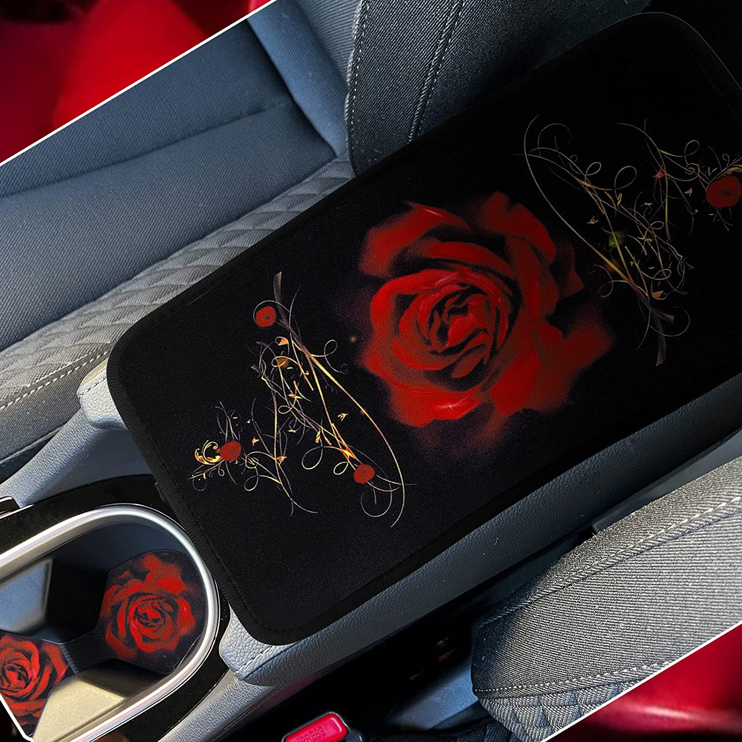 15 Pcs Red Rose Art Flower Car Seat Covers Full Set for Women Rubber  Steering Wheel Cover Armrest Cover Seatbelt Covers Polyester Fabric Front  Seat Rear Backrest Cover Rear Bottom Cover Universal