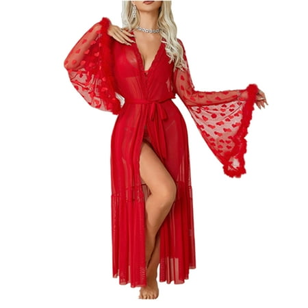 Xsylife Women s Mesh Lingerie Robe Heart Fuzzy Trim Flare Sleeve V Neck Nightgown with Belt Nightwear Party Clubwear