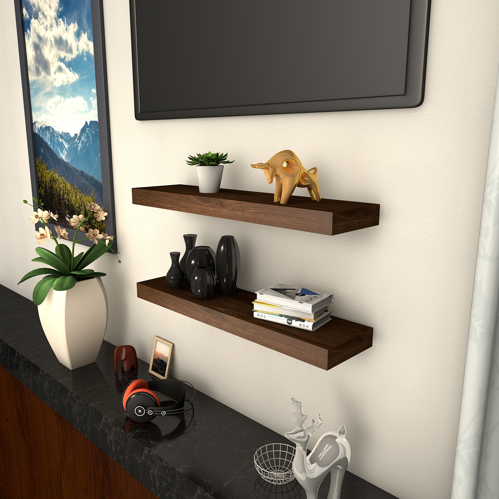 LINGJIA floating Wood Shelves Set of 2 - Rustic Shelf 24 inch - Wide Wooden Wall Shelves for Living Room Bedroom Kitchen Bathroom Farmhouse - Dark Walnut - 24" x 6.3"