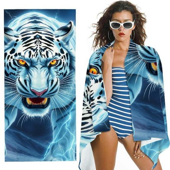 RKSupls White Ligntning Tiger Microfiber Beach Towel, Extra Large Quick Dry Lightweight Towel for Travel Swimming Camping, Soft Super Absorbent- 30x60 in