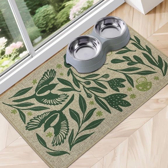 Dog Food Mats for Floors Waterproof, Absorbent Quick Dry Pet Cat Food Mat, Water Bowl Mats Pet Feeding, Eco-Friendly Accessories Pet Supplies (12"x20",Green Flower Bird)