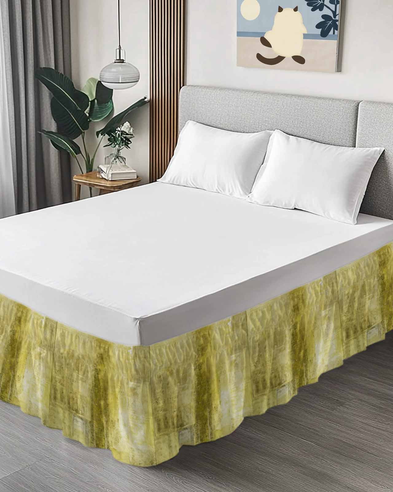 Yellow Wrap Around Bed Skirts for Queen Bed 16" Drop,Bed Skirt with Adjustable Elastic Belt Dust Ruffle Bed Valance for Bedroom Hotel Retro Oil Painting Modern Abstract Art Aesthetics Bed Frame Cover