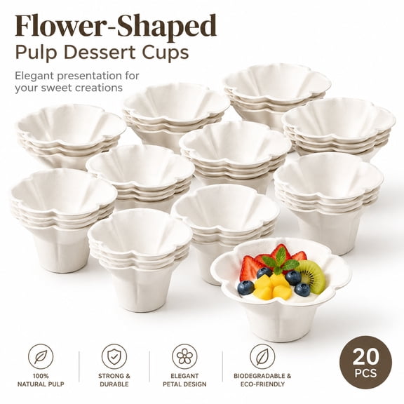 20pcs Disposable Dessert Cups, Flower Shaped Paper Ice Cream Bowls for Parties, 9.5oz Yogurt Sundae Containers, Floral Appetizer Dishes for Events, Picnics, Catering Supplies