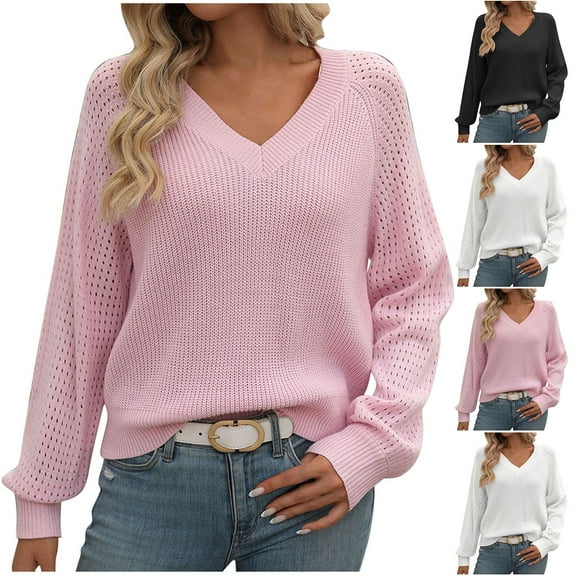 Nfurl Womens Fall Sweaters Pullover Business Casual Hollow Out Long Sleeve Sweater Cozy V Neck Ribbed Knit Sweaters 2025 Fall Fashion Clothes Black L